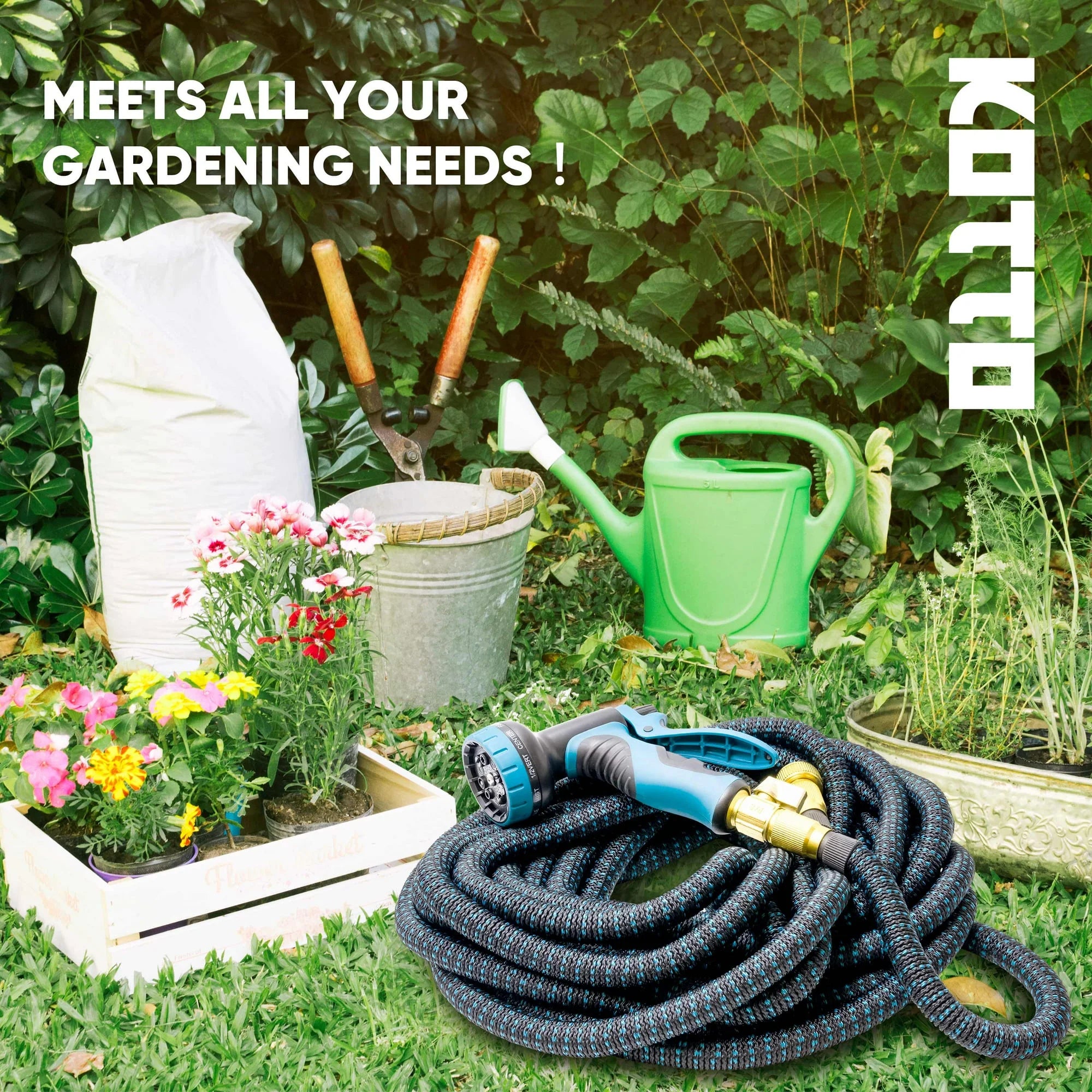 25 Ft Flexible Garden Hose, Water Hose for outside with 10 Spray Nozzles, Brass Connector, Leak-Proof, Blue