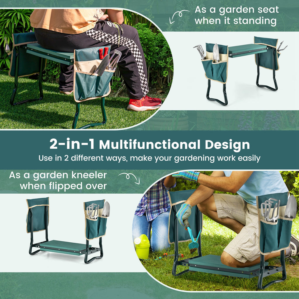 Folding Garden Kneeler Seat Bench W/2 Bonus Tool Pouches EVA Foam Pad