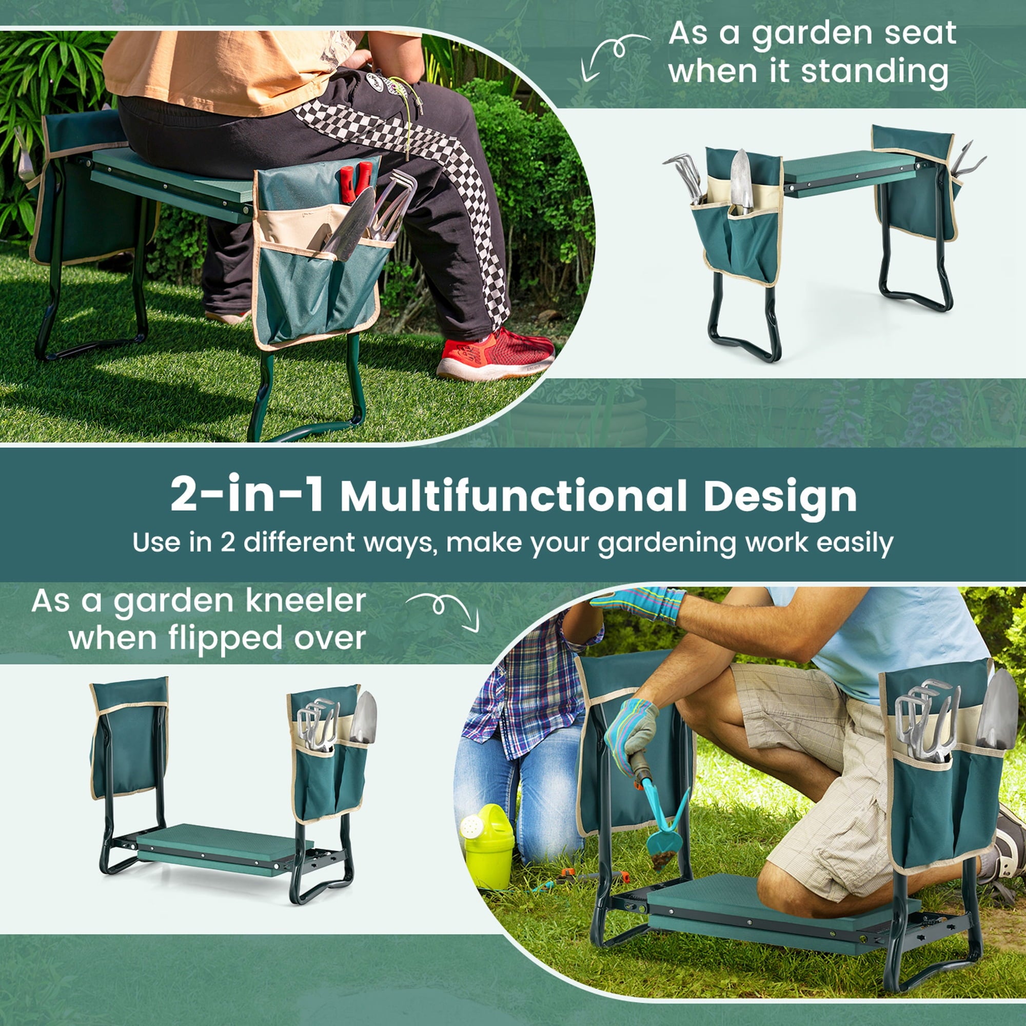 Folding Garden Kneeler Seat Bench W/2 Bonus Tool Pouches EVA Foam Pad