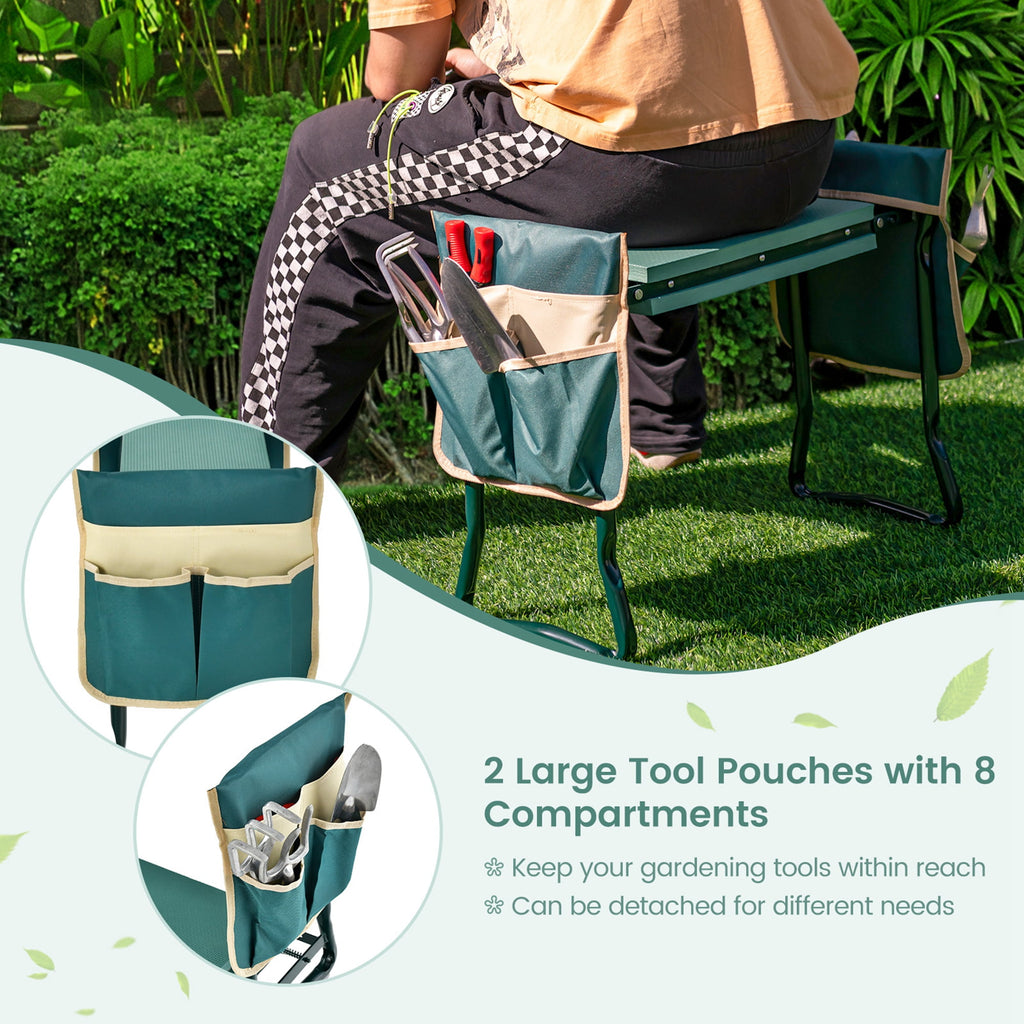 Folding Garden Kneeler Seat Bench W/2 Bonus Tool Pouches EVA Foam Pad