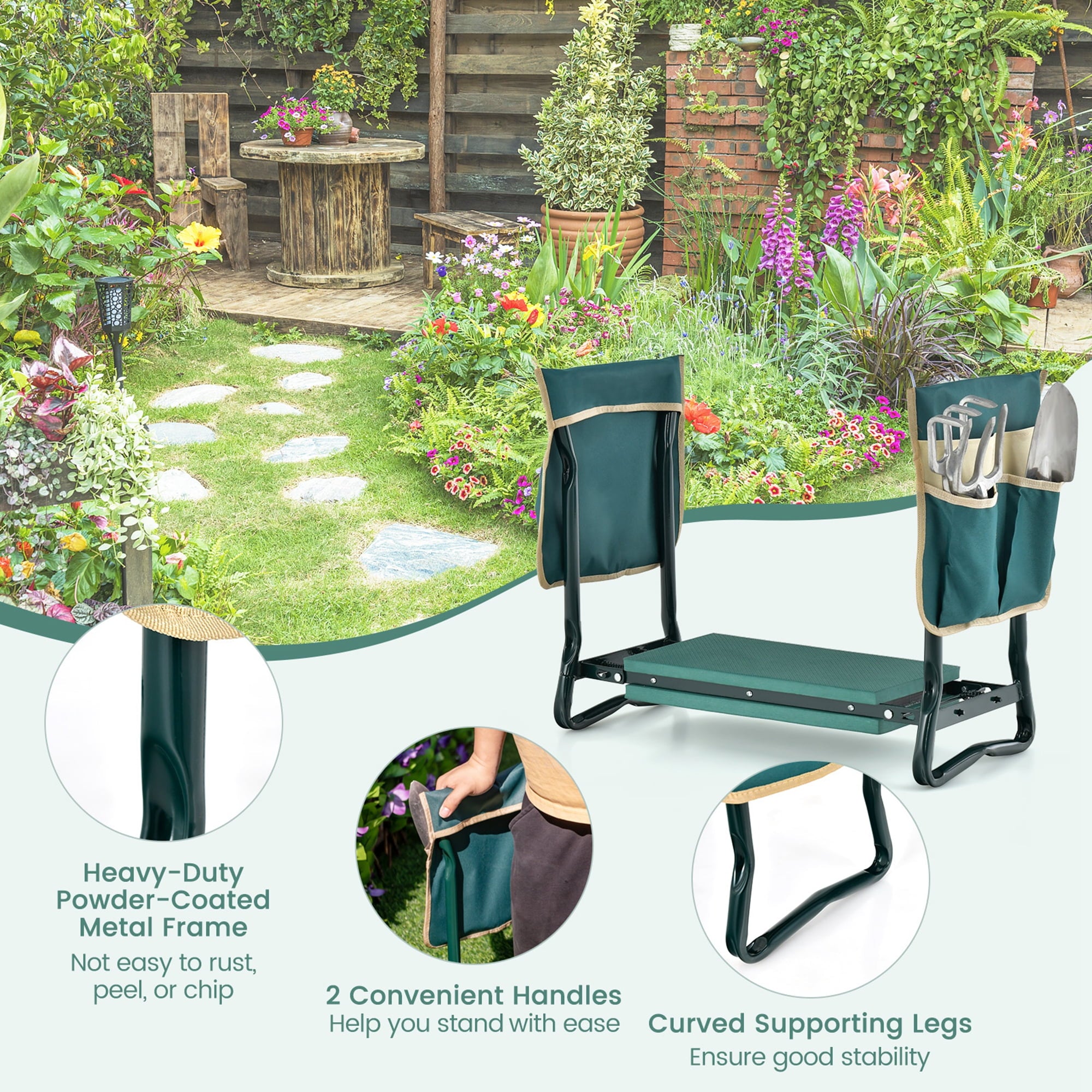 Folding Garden Kneeler Seat Bench W/2 Bonus Tool Pouches EVA Foam Pad