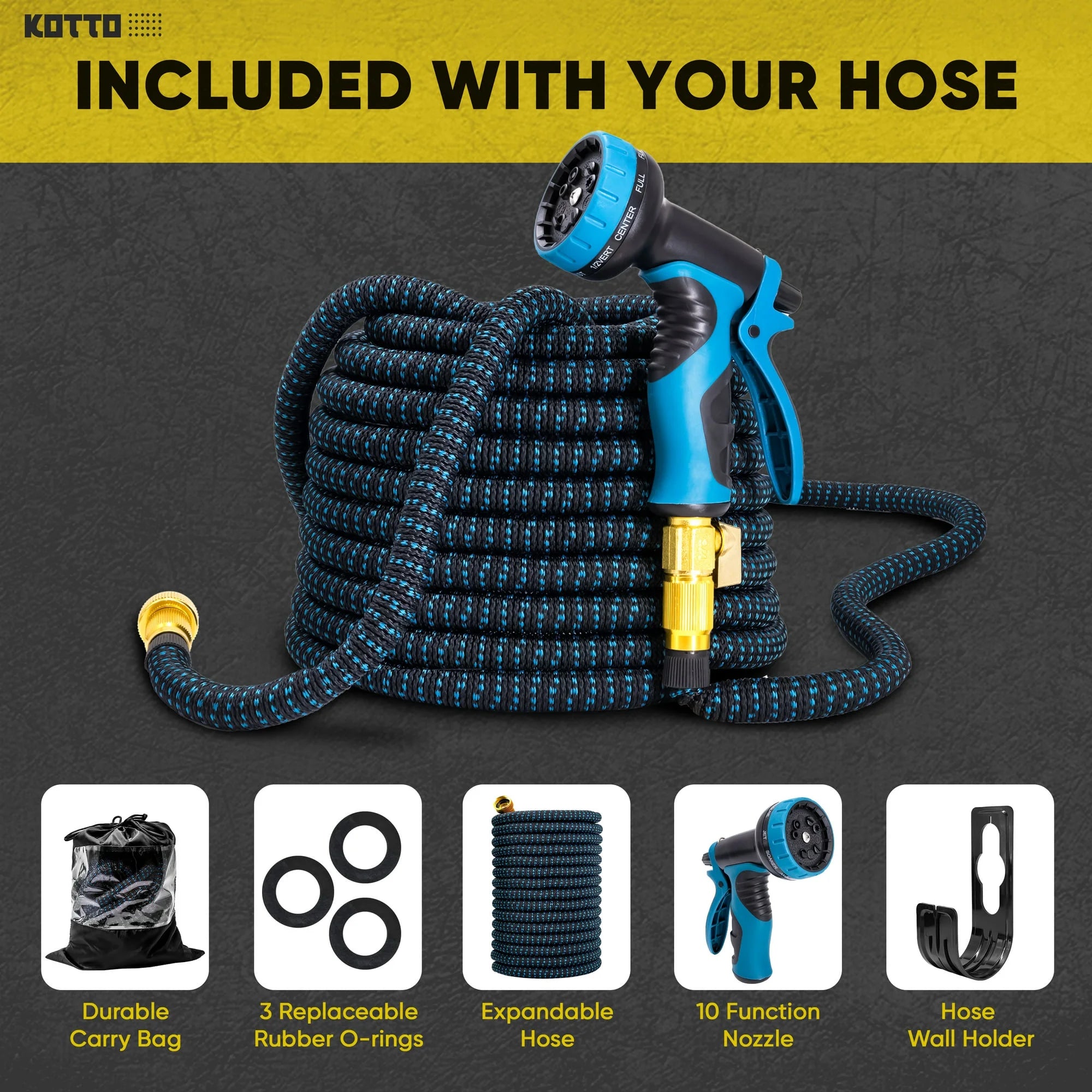 25 Ft Flexible Garden Hose, Water Hose for outside with 10 Spray Nozzles, Brass Connector, Leak-Proof, Blue