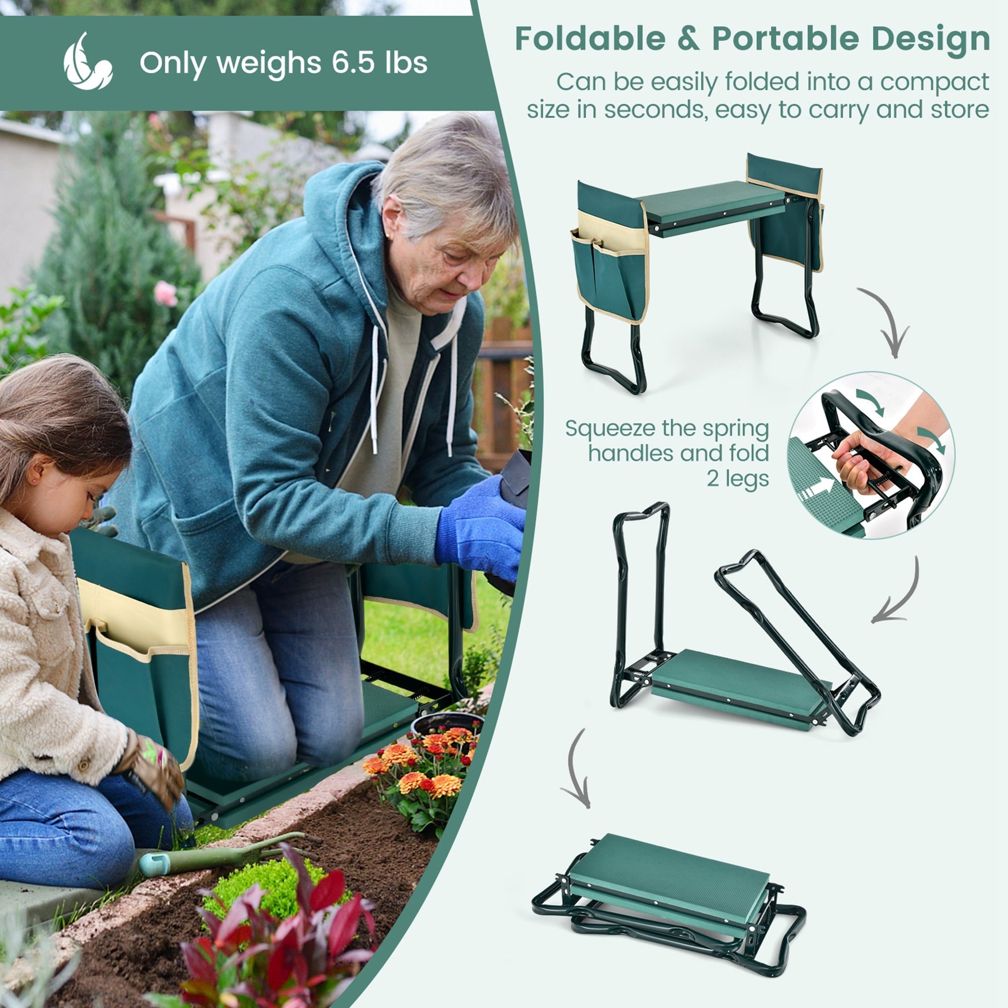Folding Garden Kneeler Seat Bench W/2 Bonus Tool Pouches EVA Foam Pad