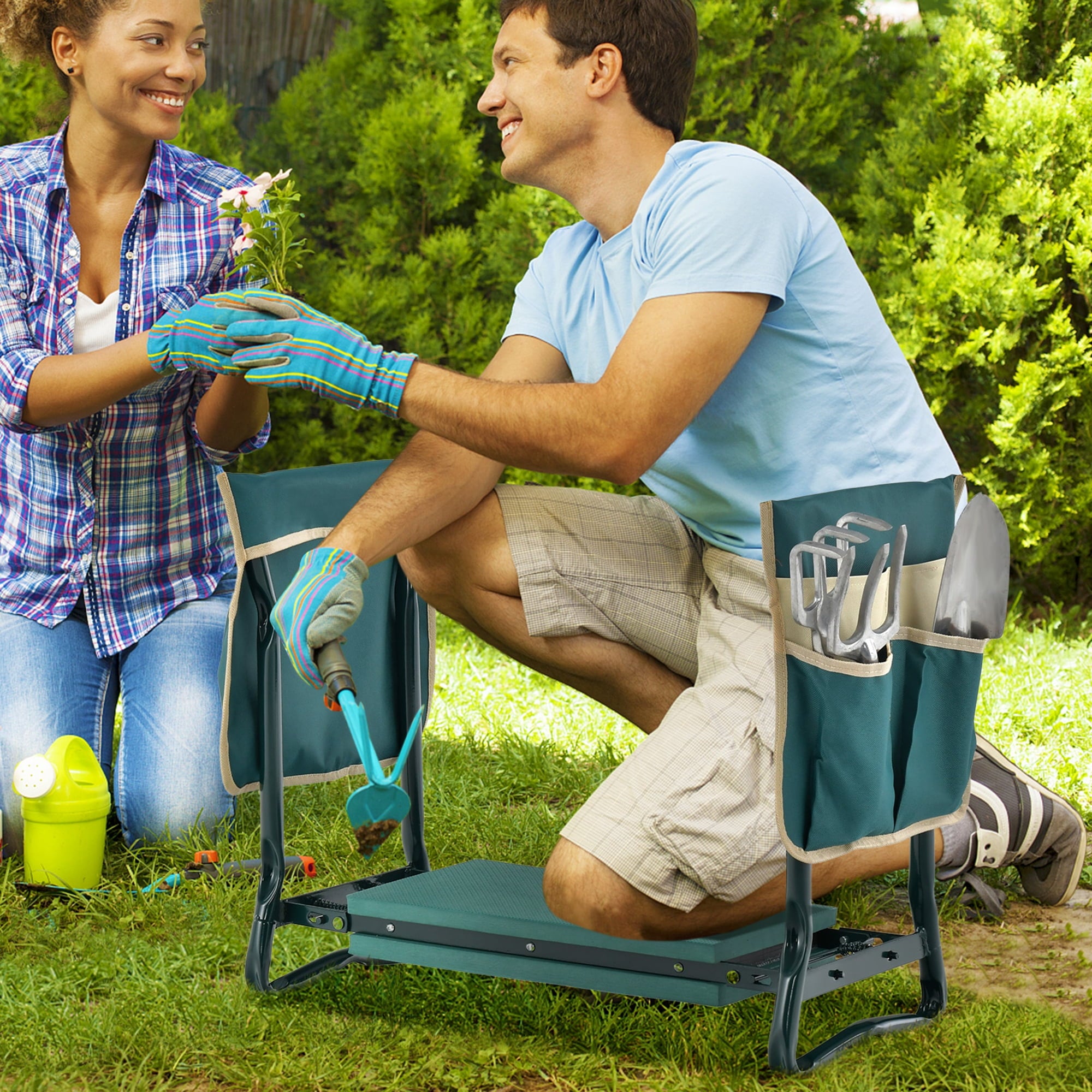 Folding Garden Kneeler Seat Bench W/2 Bonus Tool Pouches EVA Foam Pad