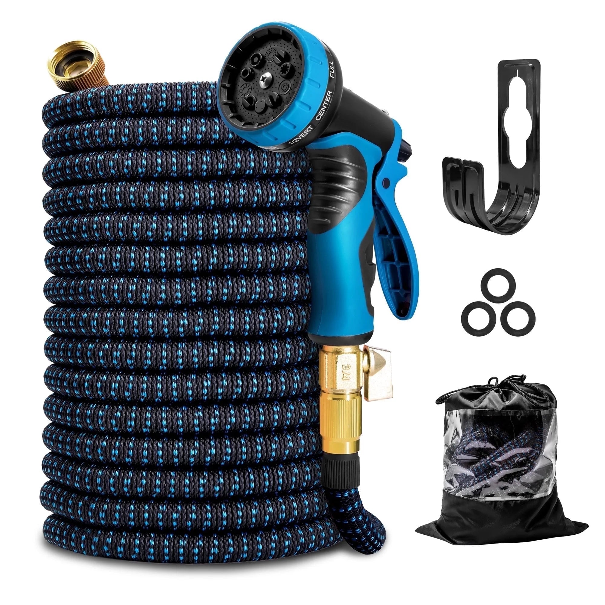 25 Ft Flexible Garden Hose, Water Hose for outside with 10 Spray Nozzles, Brass Connector, Leak-Proof, Blue