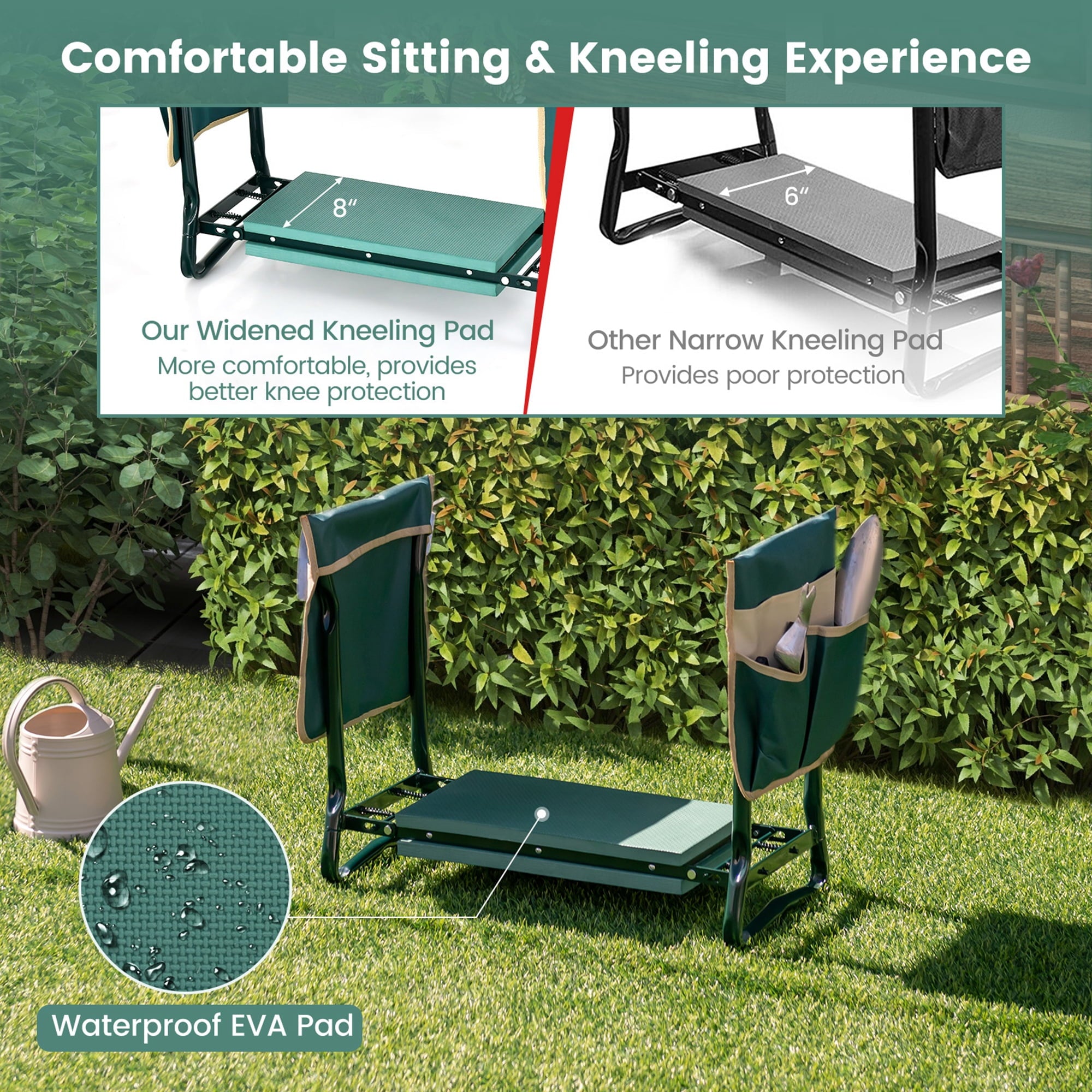 Folding Garden Kneeler Seat Bench W/2 Bonus Tool Pouches EVA Foam Pad