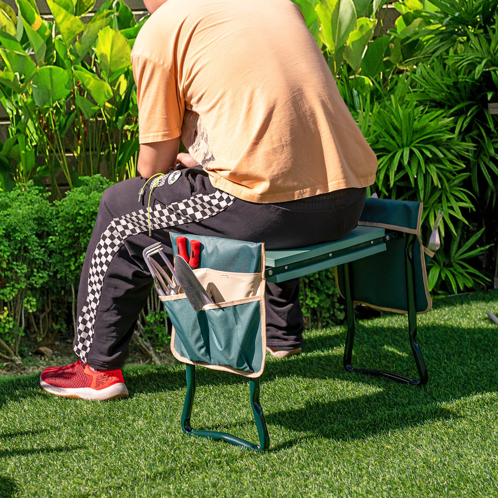 Folding Garden Kneeler Seat Bench W/2 Bonus Tool Pouches EVA Foam Pad